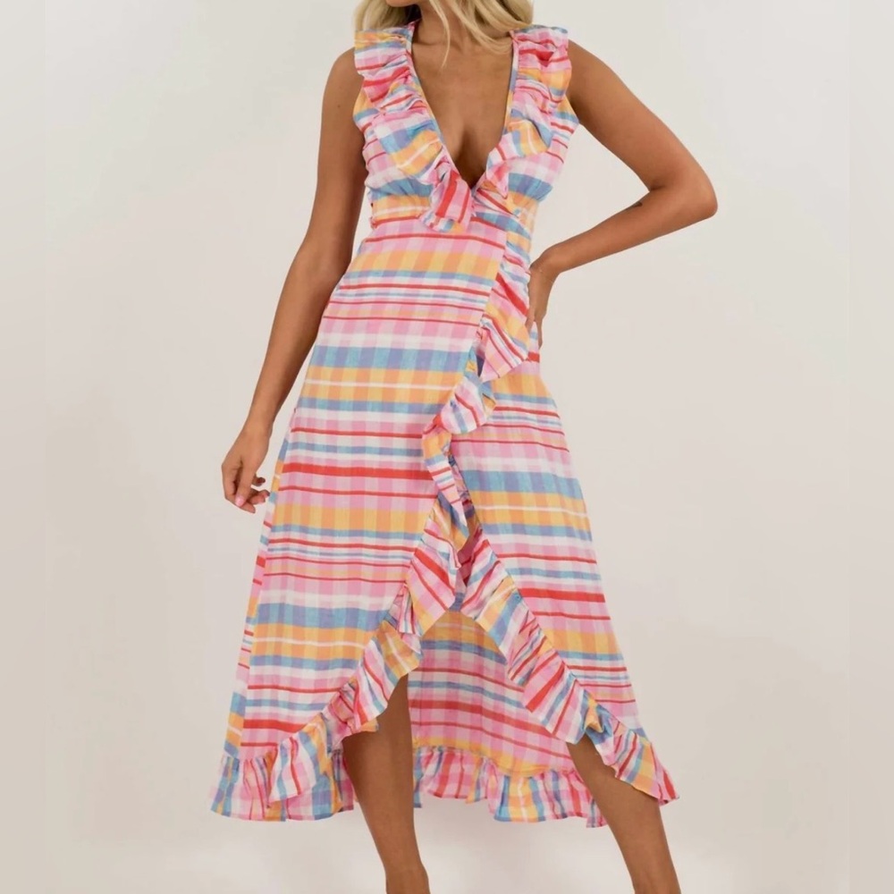 Never A Wallflower Long Wrap Dress Spanish Plaid